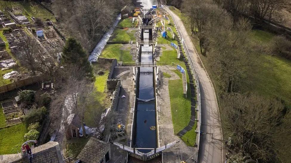 Bingley Five Rise locks from above, on the Leeds and Liverpool Canal