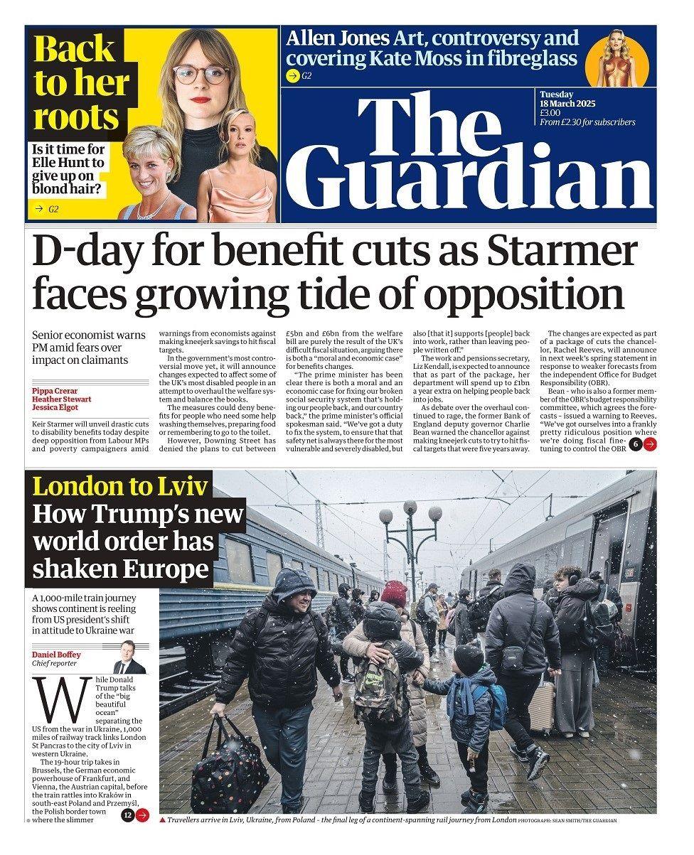 Front page of the Guardian for Tuesday 18 March 2025.