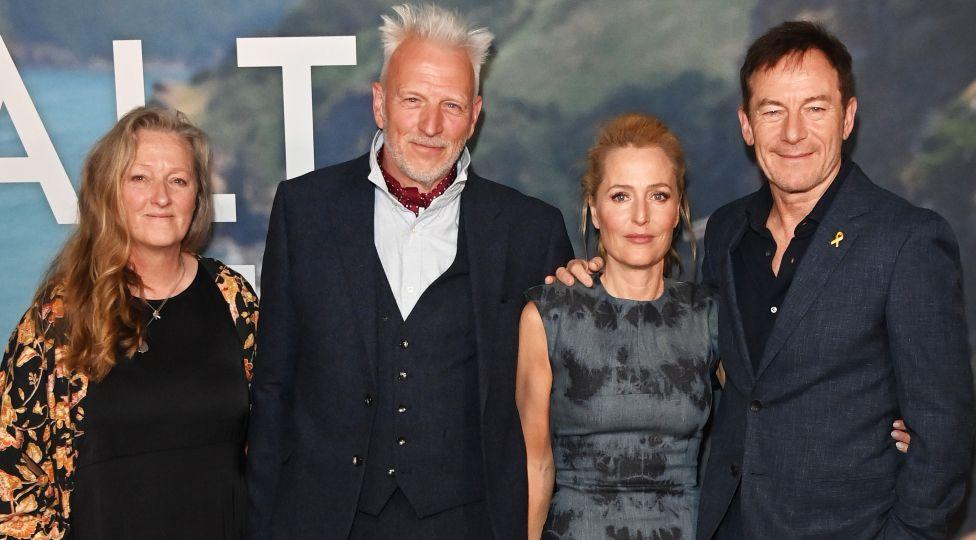 Raynor Winn, Moth Winn, Gillian Anderson and Jason Isaacs attend the UK Special Screening of "The Salt Path" at The Curzon Soho on May 22, 2025 in London, England. 