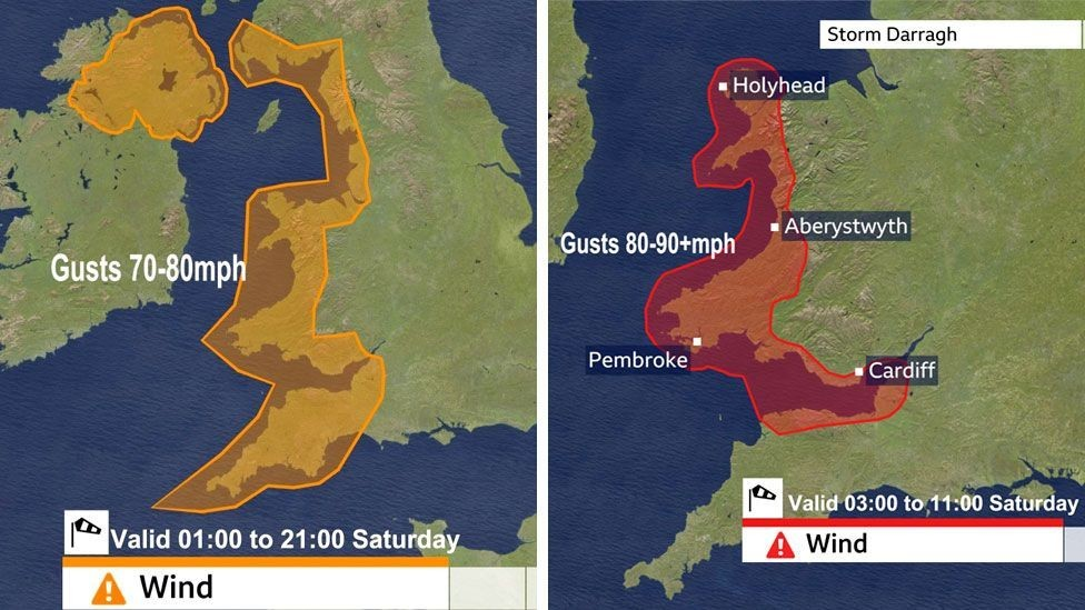 A weather map showing the amber and red alert areas between the hours of 03:00 and 11:00 GMT on Saturday morning. 