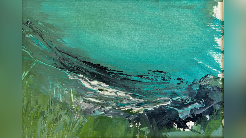 Acrylic painting of cove on the South West Coast Path with turquoise sea 