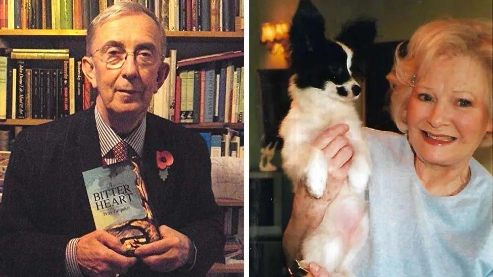 Two images edited together with a white border separating them. An elderly man on the left is holding a book and is smartly dressed. An elderly woman wearing a blue top and holding a small dog is smiling on the right.