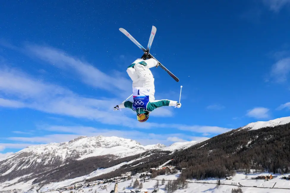 Australia's Jakara Anthony performs a flip during the freestyle skiing moguls at Livigno Air Park
