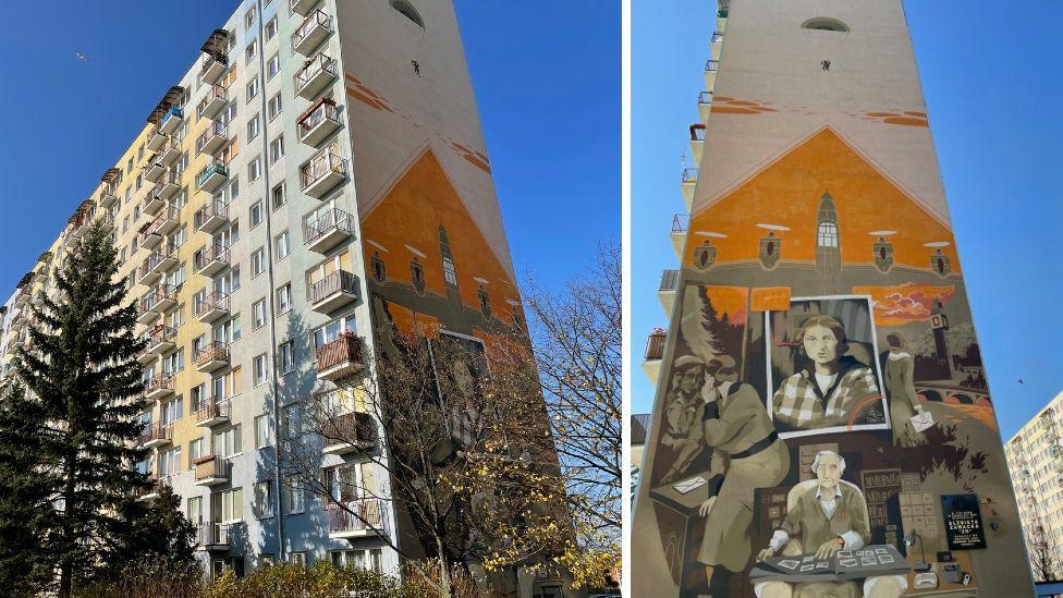 Two images of a tall communist-era apartment block with a mural featuring several paintings of Zo on the side of it