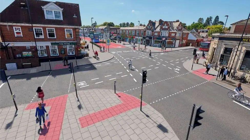 A computer generated image of Portswood road with wider roads and cyclists and pedestrians moving freely