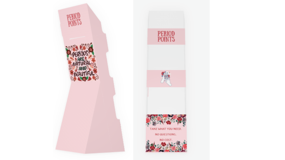 A mock up of Period Points - pink cardboard boxes with dark prink writing and floral designs featured. 