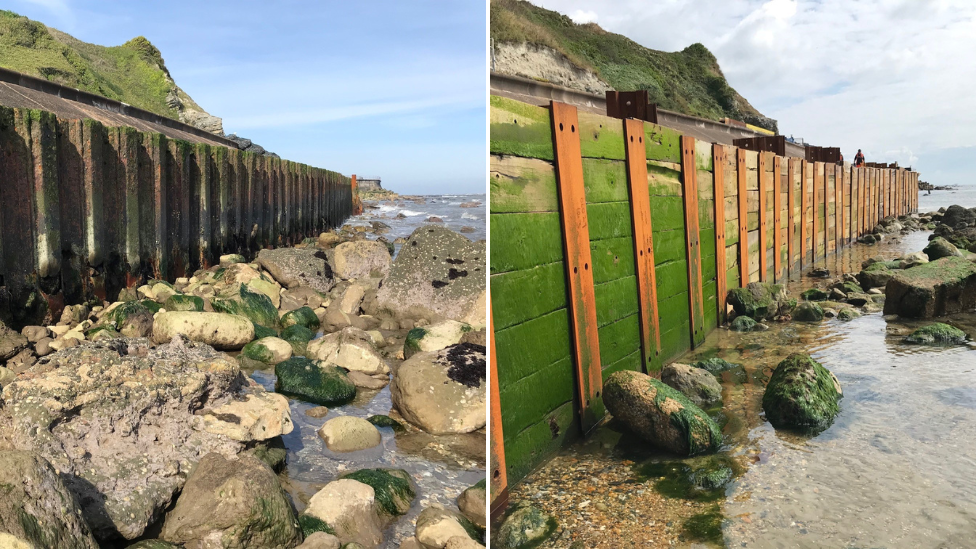 A before and after image of the wall