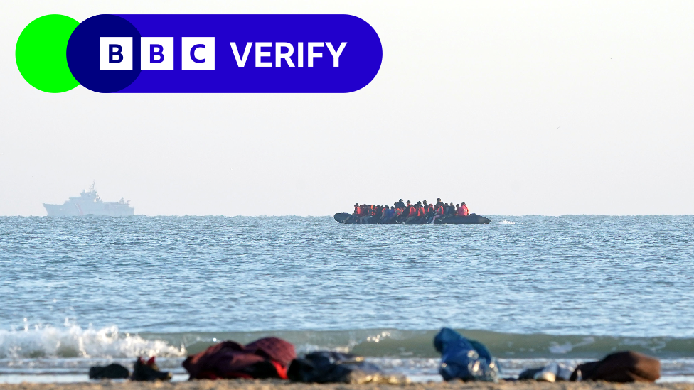 A group of people thought to be migrants, leave the beach in Gravelines, France, onboard a small boat