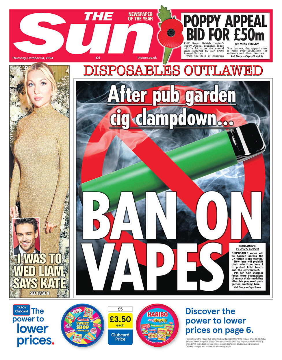 The headline in the Sun reads: "After pub garden cig clampdown... ban on vapes". 