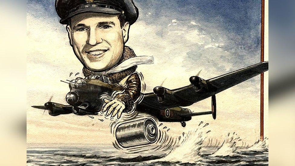 Cartoon illustration of an oversized Wing Cdr Guy Gibson in uniform dropping a bouncing bomb from atop a Lancaster bomber.