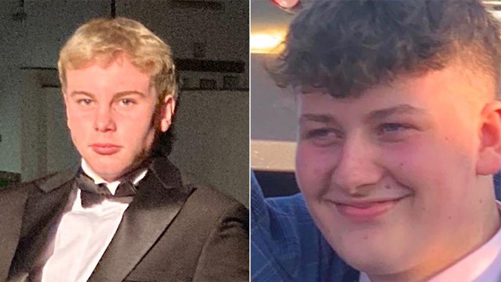 Family photographs of William Herbert who has short blond hair and is wearing a black dinner jacket and Olly Mitchell who has short brown hair