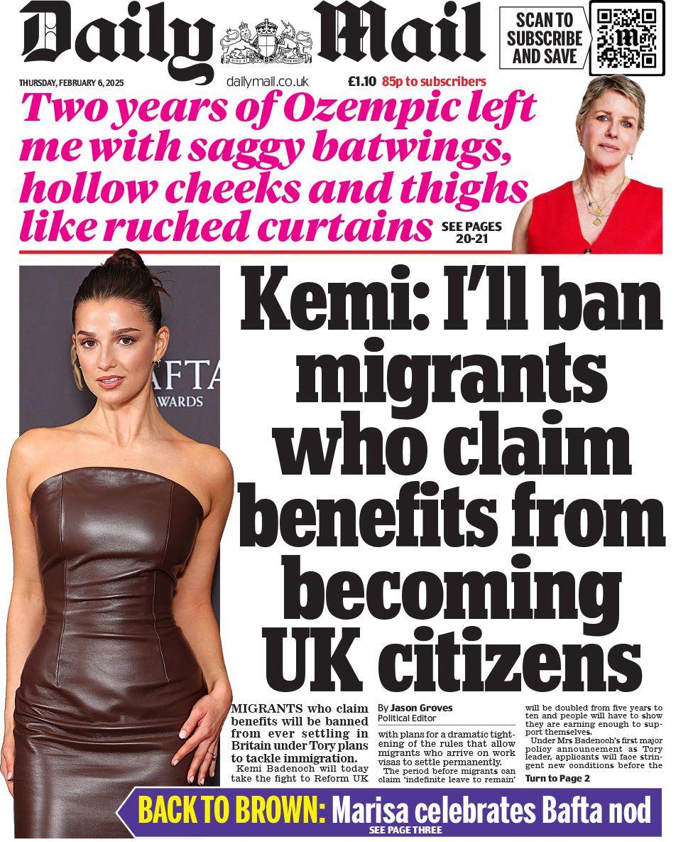 Daily Mail front page with headline: I'll ban migrants who claim benefits from becoming UK citizens