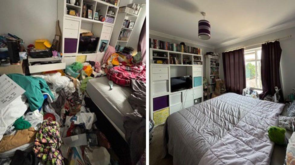 One of the bedrooms before the charity visited covered in clothes (left) and after (right)