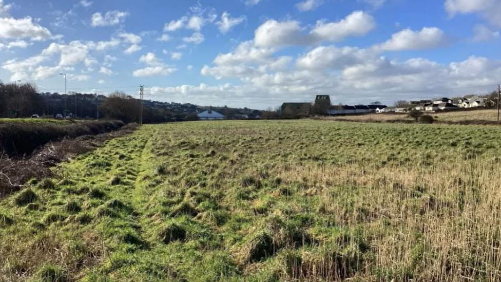 Land off the A30 near Loggans Moor Roundabout, Hayle, which could house a 5,000-panel solar farm. There is a grassy field in the foreground, with some houses in the background. The sky is blue with patchy cloud.