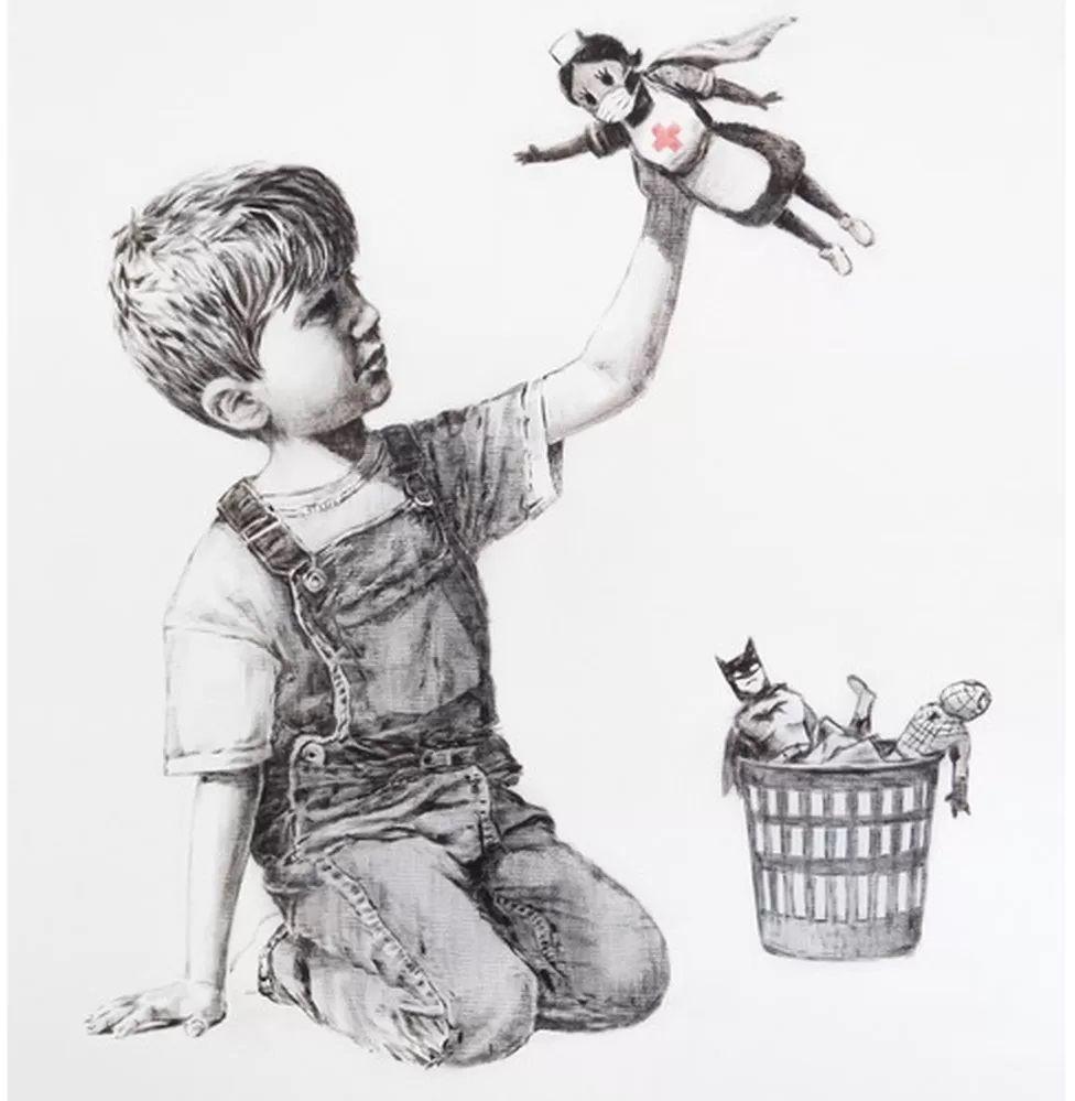 Pencil sketch of a young boy holding aloft a toy nurse with a prominent red cross, in preference to playing with superhero toys