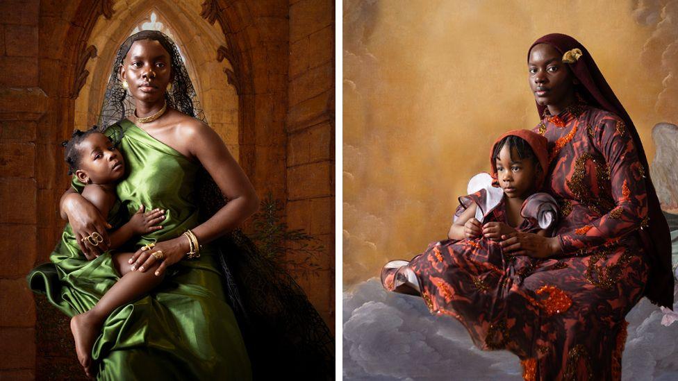 A composite of two portraits of Dola Posh with her daughter. On the left  she is wrapped in a green cloth and cradles her young daughter. A church archway in the background frames the two in the portrait. On the right, with red head scarf, wrapped in a red and orange cloth embracing her daughter. The glowing heavenly background makes it look as though they are sitting in the clouds.