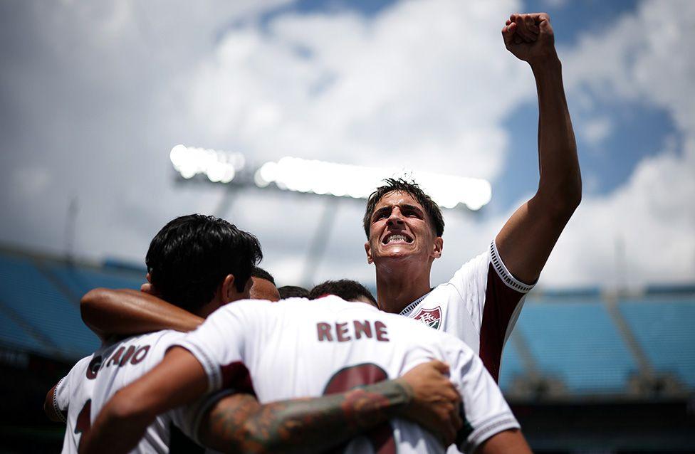 Facundo Bernal celebrates German Cano scoring his team's first goal during the FIFA Club World Cup match between Internazionale Milano and Fluminense in Charlotte, North Carolina. Photo by Jared C. Tilton