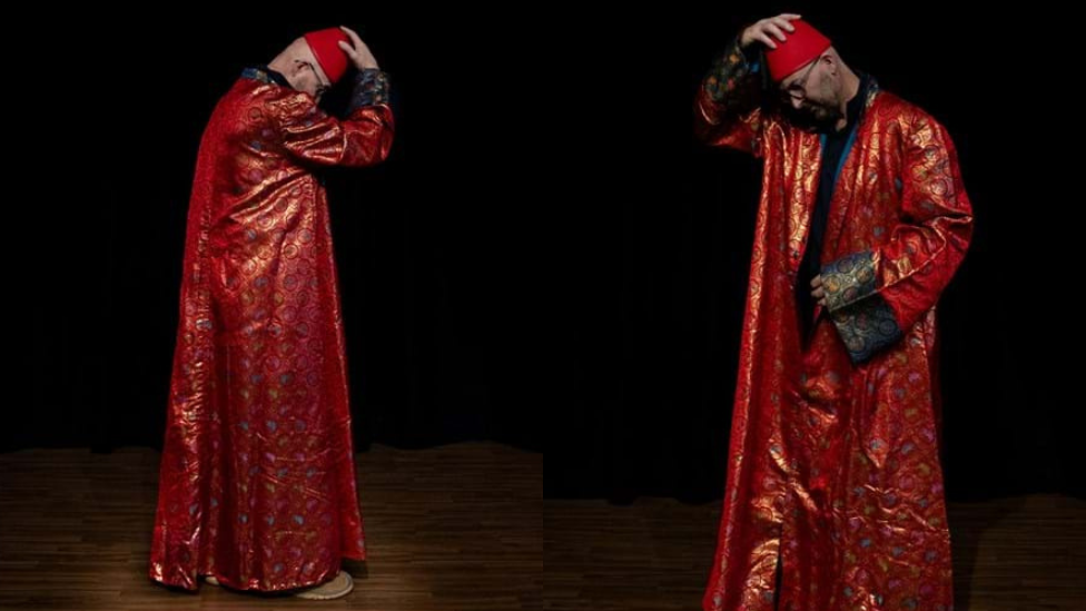 Two side-by-side images of a model wearing a red silk robe and a red fez.