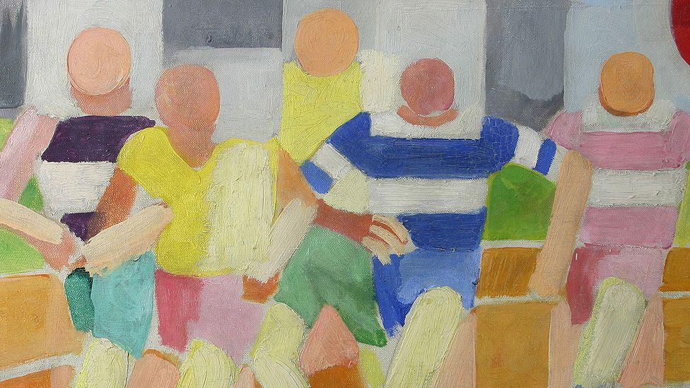 An oil painting by Robert Delaunay showing runners in about 1924. There are five running modernist figures in brightly coloured clothes.