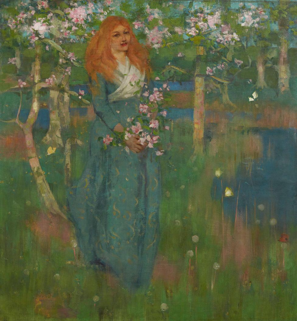 Spring was one of three paintings in George Henry’s Banks of Allan Water triptych - it shows a young woman with orange hair on the banks of a river carrying pink flowers