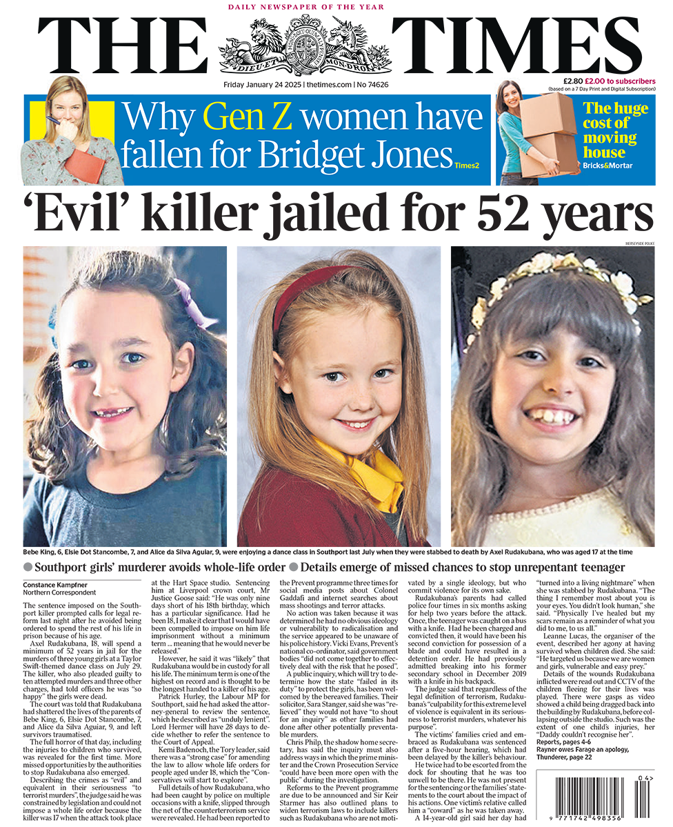 The headline in the Times reads: "'Evil' killer jailed for 52 years". 