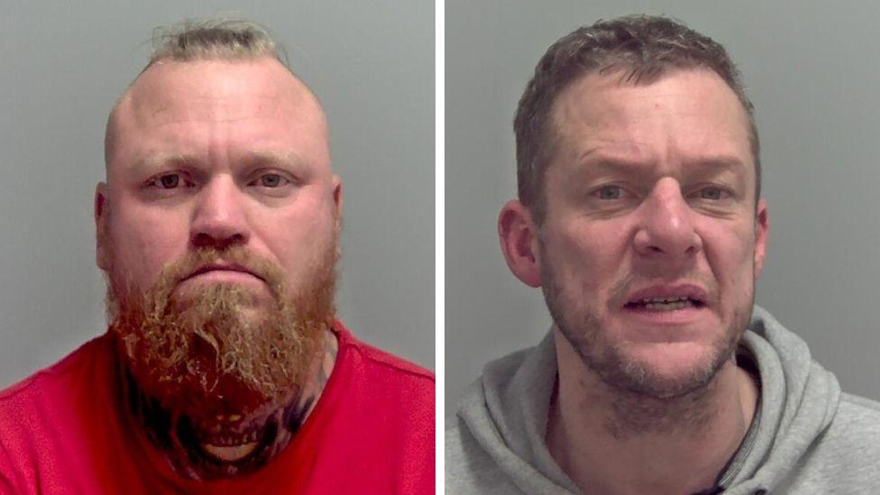 Richard Aldous on left of image in police custody wearing a red T-shirt. Benjamin Newcombe is on right of image in police custody wearing a grey hooded top. 