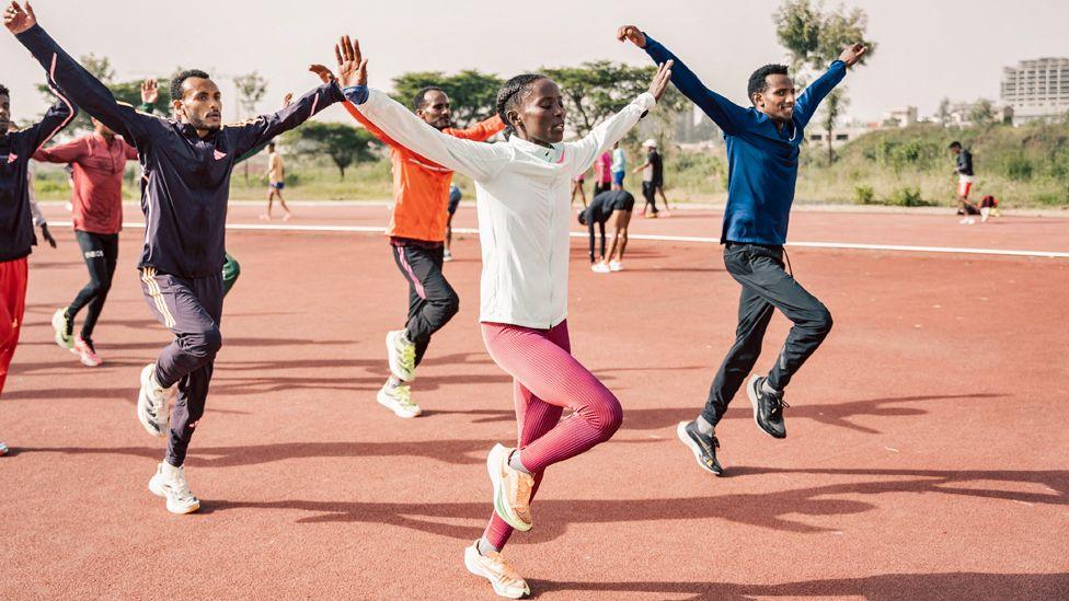 Ethiopian athletes at a training session ahead of the Paris 2024 Olympic Games in Addis Ababa, Ethiopia - Saturday 1 June 2024