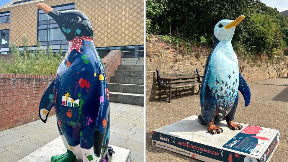 A blue, paint-flecked penguin sculpture left, and a light blue penguin sculpture right