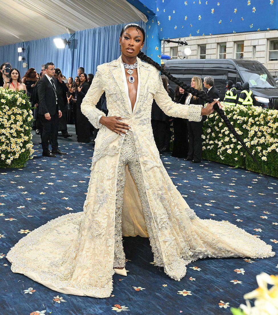 Coco Jones attends the 2025 Met Gala Celebrating "Superfine: Tailoring Black Style" at Metropolitan Museum of Art on May 05, 2025 in New York City, US.