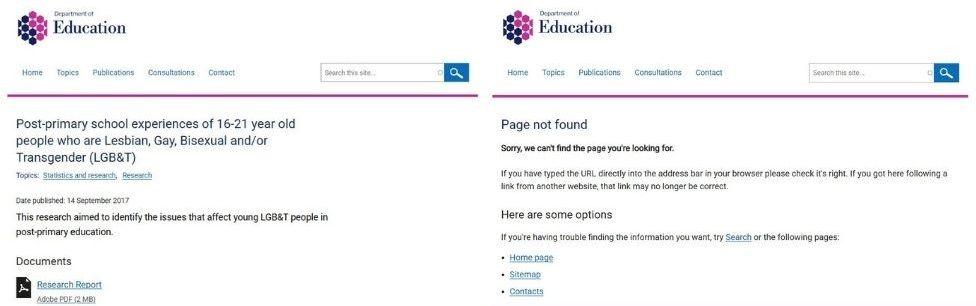 Screenshots from DE website - the first grab shows a report was available to download, but the most recent grab shows a page not found link