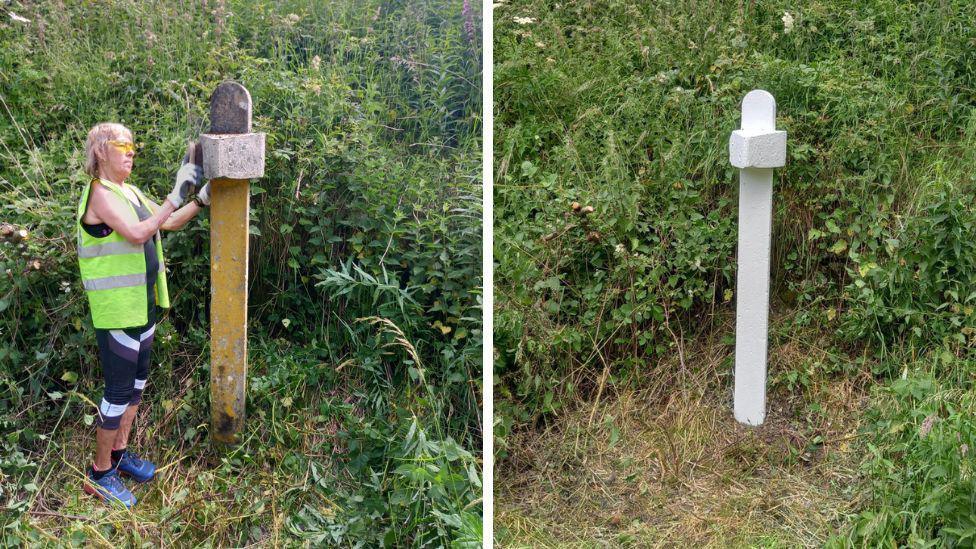 Mileage marker before and after it was renovated