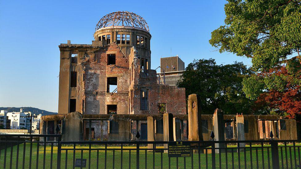 The Hiroshima Peace Memorial building in the sunlight