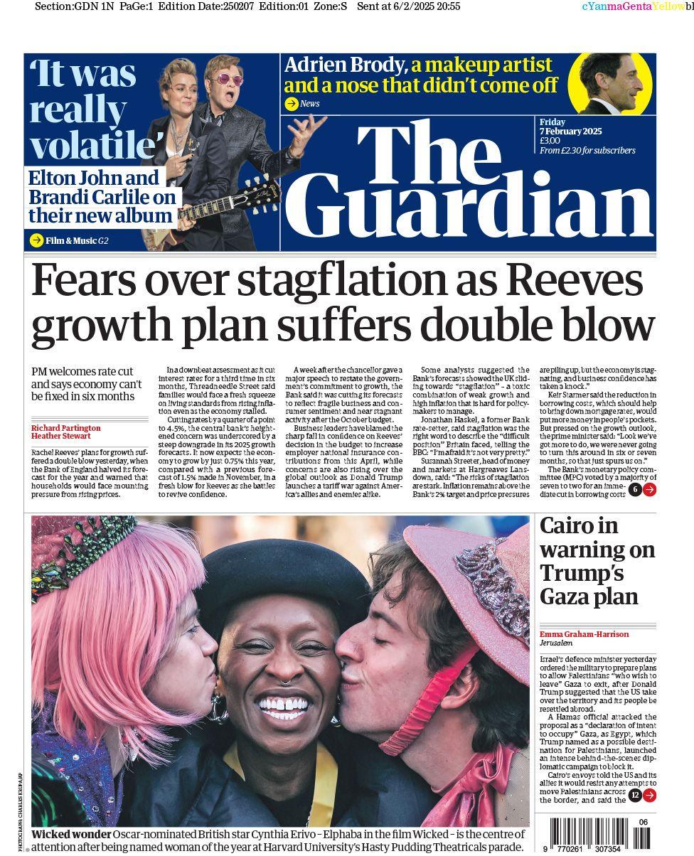 Guardian front page with headline: Fears over stagflation as Reeves growth plan suffers double blow