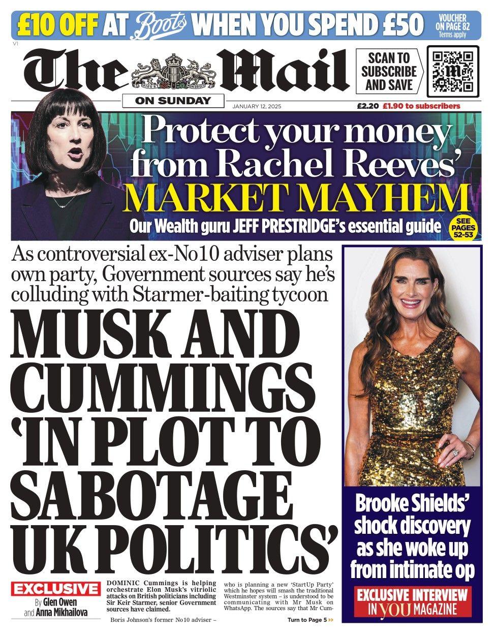 The headline in The Mail on Sunday reads: Musk and Cummings in plot to sabotage UK politics