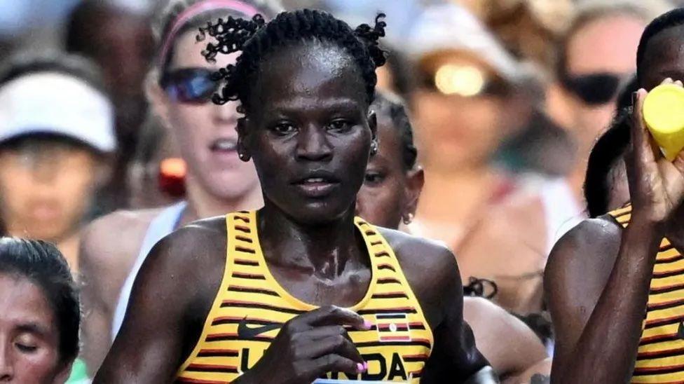 Rebecca Cheptegei running in the Paris Olympics marathon, in which she came 44th