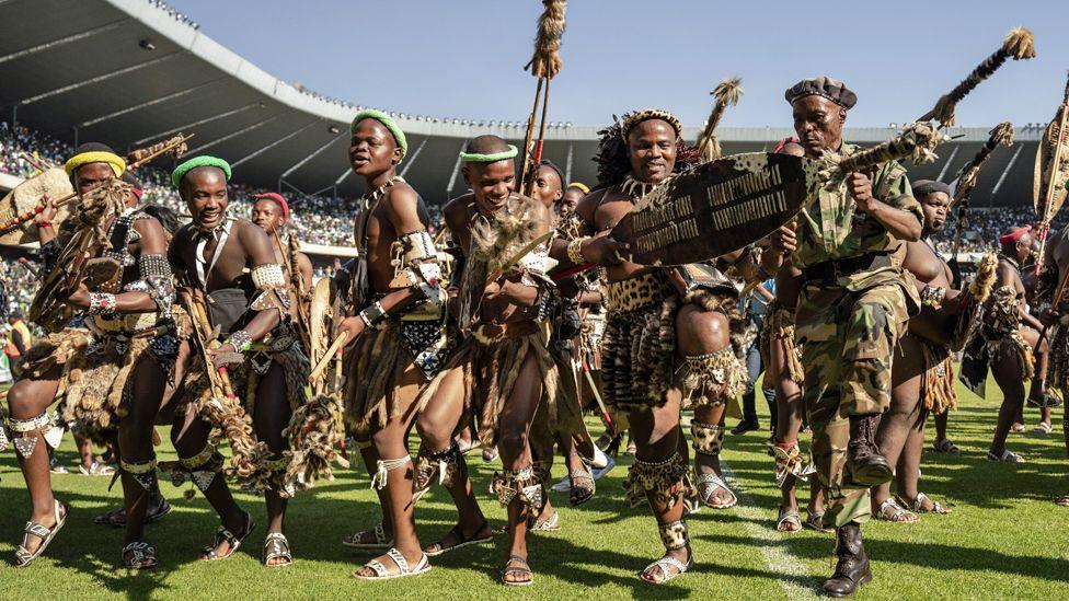 Zulu warriors and also MK (uMkhonto WeSizwe) Party supporters gather at the party's People's Mandate Rally held at the Orlando Stadium, Soweto, Johannesburg, South Africa, 18 May 2024