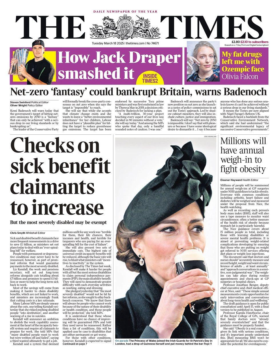 Front page of the Times for Tuesday 18 March 2025.