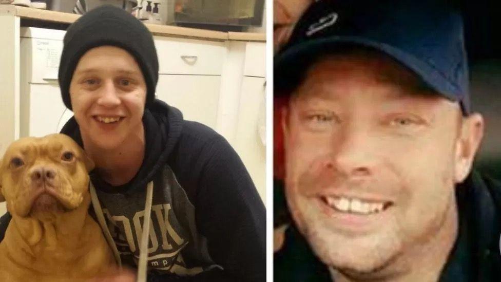 Close-up images of two men wearing hats. The man on the left is wearing a black beanie and a black hoodie and is hugging a dog. The man on the right is smiling and wearing a black hoodie and blue cap.