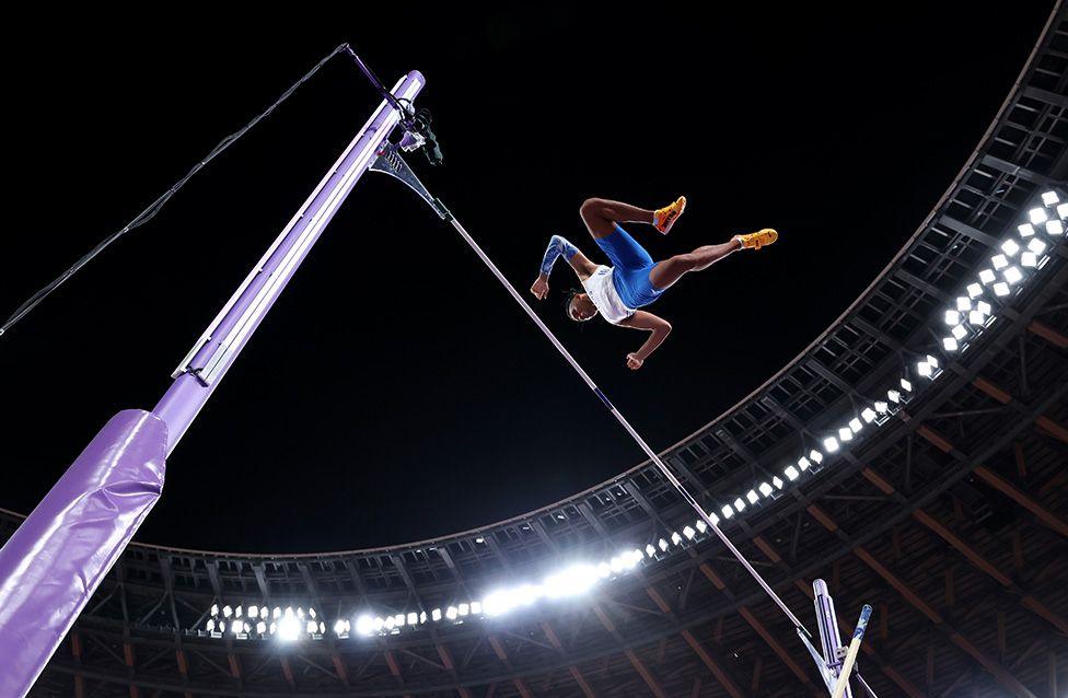 Greek pole vaulter Emmanouil Karalis competes in the men's qualification round at the World Athletics Championships in Tokyo. Photo by Cameron Spencer