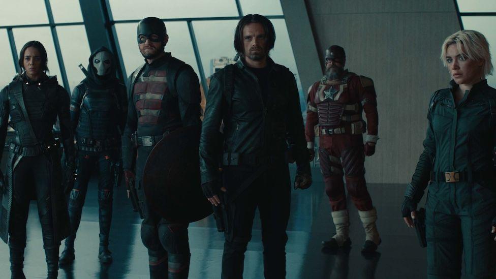 Assembled cast members include Sebastian Stan, Florence Pugh, Wyatt Russell and David Harbour.