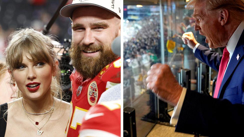 A composite image showing, on the left, Taylor Swift and her boyfriend Travis Kelce after the Super Bowl last year. On the right, Donald Trump at an NFL game last October during his presidential election campaign.