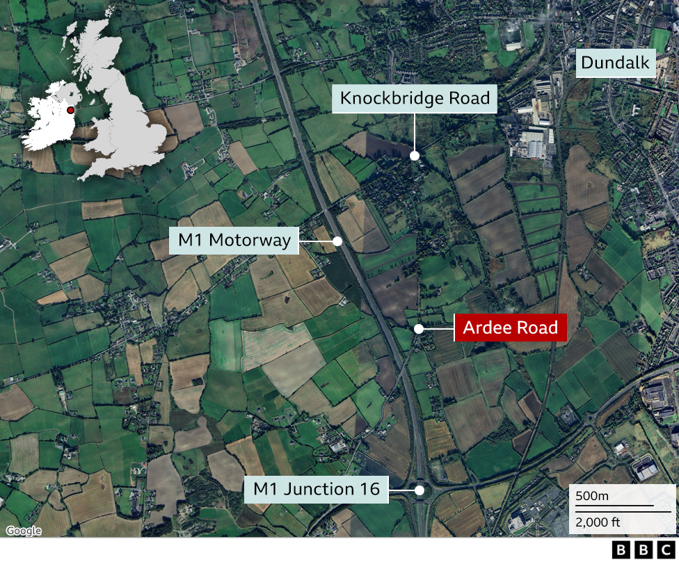 A satellite image showing where the crash took place.
Areas around the crash including the M1 Motorway, Dundalk and the Ardee Road are named.
It includes also includes a map of the UK and Ireland with a point showing where the crash took place.