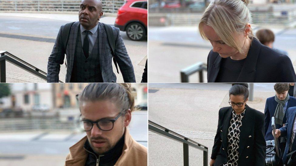 Four images of defendants in the Jessica Lawson case, on their way into a court. The are teacher Steven Layne, who wears a smart, dark-grey, three-piece suit, teacher Chantelle Lewis, who wears a black suit, teacher Daisy Stathers, who wears a black jacket, a black and white blouse and black-rimmed glasses, and lifeguard Leo Lemaire, who wears a light-brown jacket, black top and dark-rimmed glasses.