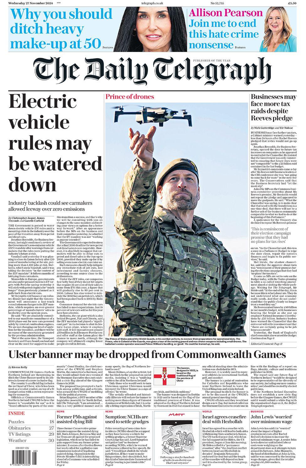 The headline in the Daily Telegraph reads: "Electric vehicle rules may be watered down."