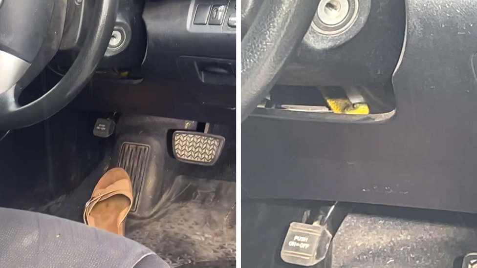 A composite image - the image on the left hand side shows part of a steering wheel, and a sandal on the floor of a car. The second image shows a yellowish snake under the steering wheel