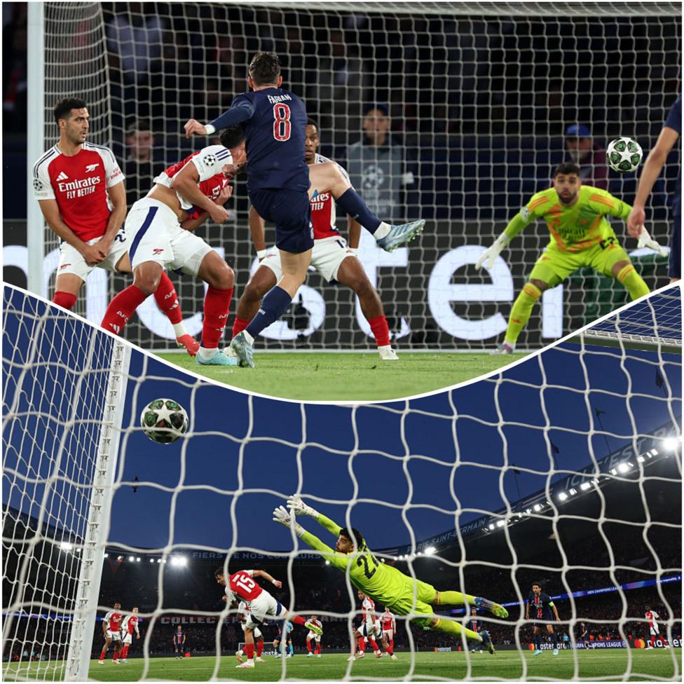Fabian Ruiz hits the ball from distance to beat David Raya in the Arsenal goal. There are two images one on top of the other, one from behind Ruiz as he strikes the ball and the other from behind David Raya as he dives in an attempt to save the shot.
