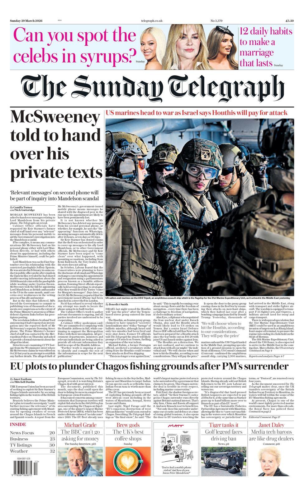 Titulli në faqen e parë të gazetës Sunday Telegraph thotë: "McSweeney-t i është thënë të dorëzojë mesazhet e tij private".