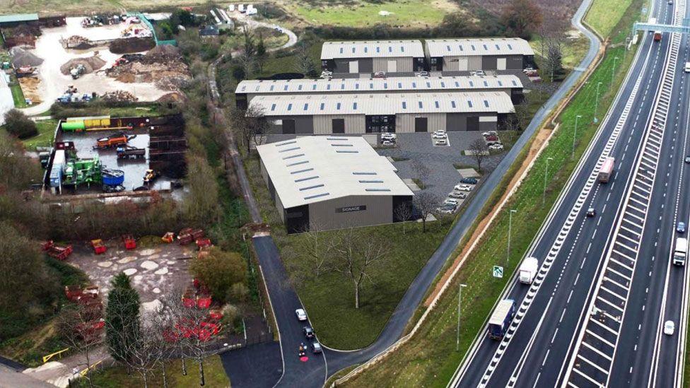 An artist's impression of a business park beside the A14 near Buckden