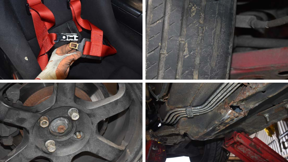 Four images of the car's exposed tyre chords, missing parts and modifications to a vehicle's seat belt