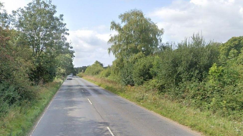 A long, straight, two-way road with white dashed lines down the middle. There are no footpaths alongside the road which is lined with trees and hedges.
